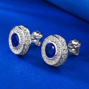 Classic round 1-carat blue zircon stud earrings with S925 sterling silver halo setting