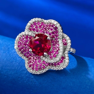 Exquisite S925 silver flower ring with pigeon blood red ruby and pavé set petals
