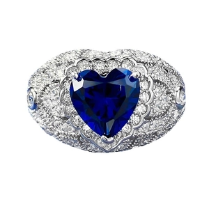 Romantic heart-cut blue sapphire ring with pavé setting on silver band main view