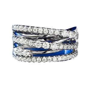Modern S925 silver multilayer cross ring with blue enamel and white zircon pavé setting