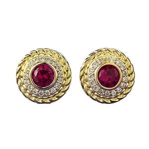 Orecchini vintage in oro con rubino rosso centrale e accenti in finto diamante