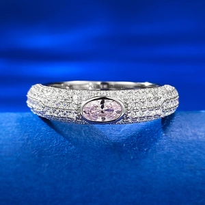 Bague en Argent Sterling 925 Strass Rose Ovale Luxe Plein de Strass Mode Banlieue Bijoux Femme Bague Cadeau Mariage Fête