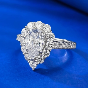 Bague poire 6x9mm en argent sterling 925 avec halo étincelant et anneau serti pavé
