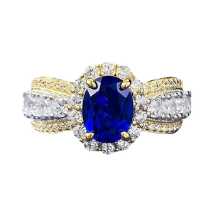 Lace-edged 925 silver ring with oval blue sapphire and halo diamond setting