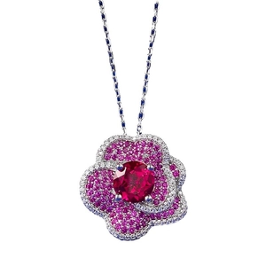 Collier en argent S925 avec pendentif en forme de fleur et pierre centrale rouge vif