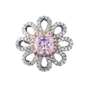 Bague fleur en argent S925 avec une pierre centrale rose et des pétales sertis de diamants