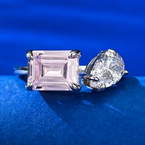 S925 silver Toi et Moi ring featuring pink emerald cut and pear cut gemstones