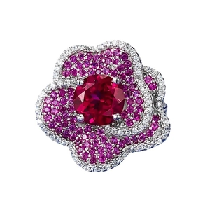 Luxurious S925 silver flower ring with pigeon blood red center stone and petal pavé stones