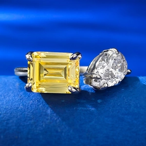 925 Sterling Silver Toi Et Moi Open Ring Emerald Cut Yellow Pink Rhinestone Pear Shape Clear Stone Fashion Jewelry For Women