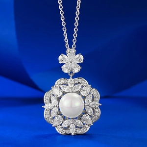Flower Artificial Pearl Pendant Necklace 925 Sterling Silver White Round Artificial Pearl Cubic Zirconia Elegant Jewelry For Women
