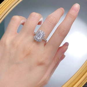 Classic S925 sterling silver ring with 6x9mm emerald cut gemstone and halo diamonds