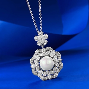 Elegant 925 sterling silver flower necklace with 8mm white pearl and cubic zirconia