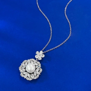 Elegant 8mm white pearl flower pendant necklace in S925 silver on blue background
