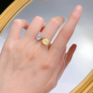 S925 silver open ring with pear white and emerald-cut yellow zircon stones