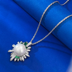 S925 silver 12mm white pearl sunflower pendant necklace with green and white zircons