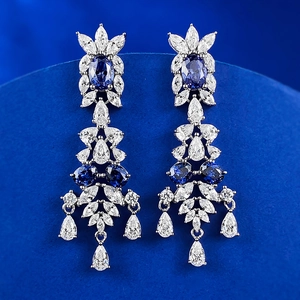 Boucles d'Oreilles Pendantes Palais en Argent Sterling 925 Vintage Bleu Tanzanite Strass Frange pour Femmes Bijoux de Mariage Fête