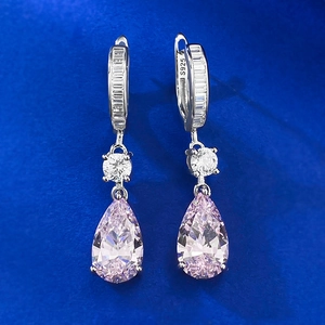 S925 sterling silver drop earrings with pear-cut pink stones and cubic zirconia
