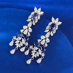 Boucles d'oreilles franges luxe en argent S925 avec pierre bleue et fleurs zircon