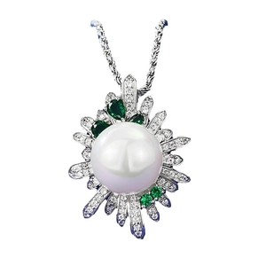 S925 silver 12mm white pearl pendant necklace with green sunflower design stones