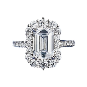 Classic 6x9mm emerald cut S925 sterling silver halo ring with pavé diamond band