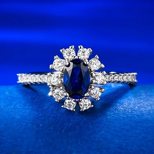 Bague Halo en Argent Sterling S925 Avec Strass Bleu Ovale pour Femme Bijoux de Luxe Engagement Mariage Fête