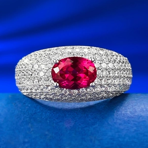 925 Sterling Silver Red Gemstone Ring For Women Luxury Pave Rhinestone Oval Dome Fashion Ring For Wedding Banquet Jewelry