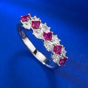 S925 sterling silver ring with alternating red rubies and white marquise zircons