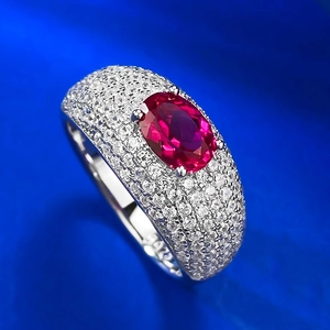 Luxurious S925 silver ring with large oval red gemstone and sparkling pavé zircon accents