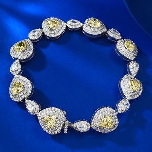 Luxury 925 Sterling Silver Heart Shaped Bracelet For Women Yellow Rhinestone Full Inlaid Sparkling Fashion Jewelry Gift