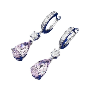 Pear shape pink drop earrings in 925 sterling silver with baguette cut white stones