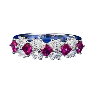 Elegant S925 silver ring featuring square red rubies and marquise cubic zirconia stones