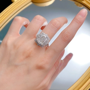 Luxurious S925 silver ring with 10x12 radiant cut high carbon diamond and double halo