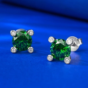 Classic S925 silver stud earrings with 1ct round green sapphire and white accent stones