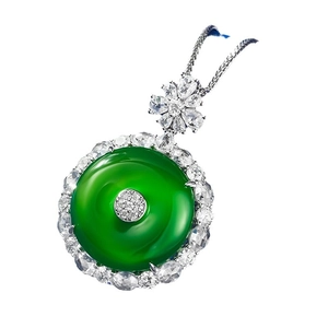 Collier en argent S925 avec pendentif jade vert, halo de diamants et fermoir fleur