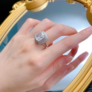 Macro view of a luxury S925 silver ring with a large rectangular high carbon diamond