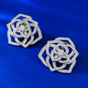 Sparkling S925 silver camellia stud earrings with full pavé cubic zirconia setting