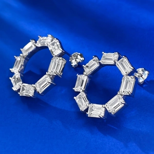 S925 sterling silver geometric hoop earrings with radiant square-cut cubic zirconia