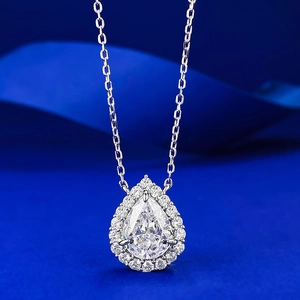 Elegant 925 Sterling Silver Pear Shaped Water Drop Pendant Necklace With Rhinestone Halo Water Wave Chain Jewelry For Women