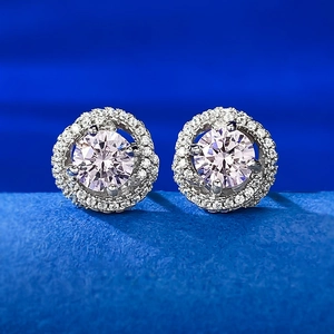 Boucles d'oreilles halo en argent 925 avec pierre rose et pavé de diamants
