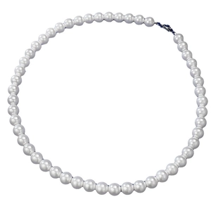 Elegant 8mm round white pearl necklace featuring a classic French style with blue clasp