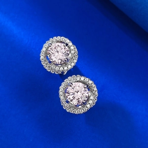 Boucles d'oreilles halo en argent 925 avec pierre rose et pavé de diamants