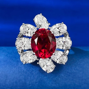 925 Sterling Silver Vintage Oval Synthetic Ruby Sapphire Halo Ring Flower Cluster Rhinestone Cocktail Ring For Women Jewelry