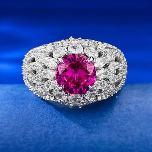 Bague Luxueuse en Argent Sterling 925 pour Femmes Strass Rose Rond Pavé Incrusté Bijoux de Mode Bague de Fiançailles