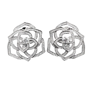 Elegant S925 silver rose stud earrings with layered hollow petals and full diamond pavé