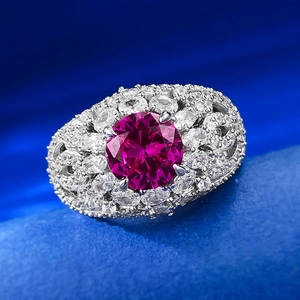 Bague de luxe en argent S925 avec pierre rose 8mm et pavé de diamants brillants