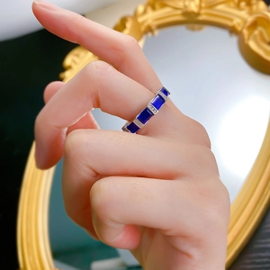 Luxurious S925 silver ring with royal blue rectangular gems and round zircon pavé