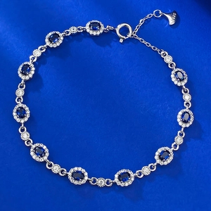 925 Sterling Silver Oval Simulated Blue Sapphire Bracelet Classic Halo Rhinestone Adjustable Chain Link Jewelry For Women
