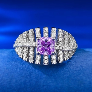 Luxury 925 Sterling Silver Square Purple Rhinestone Ring Fashion Commuter Geometric Wide Band Women Finger Ring Jewelry Gift