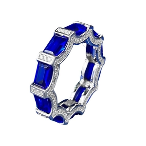 S925 silver wave ring featuring royal blue emerald-cut stones and white zircon accents