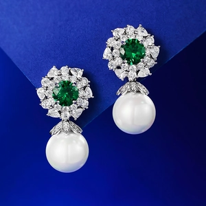 Luxury Green Zirconia Floral Drop Earrings With 925 Sterling Silver Earring Post Elegant Large White Artificial Pearl Jewelry For Women